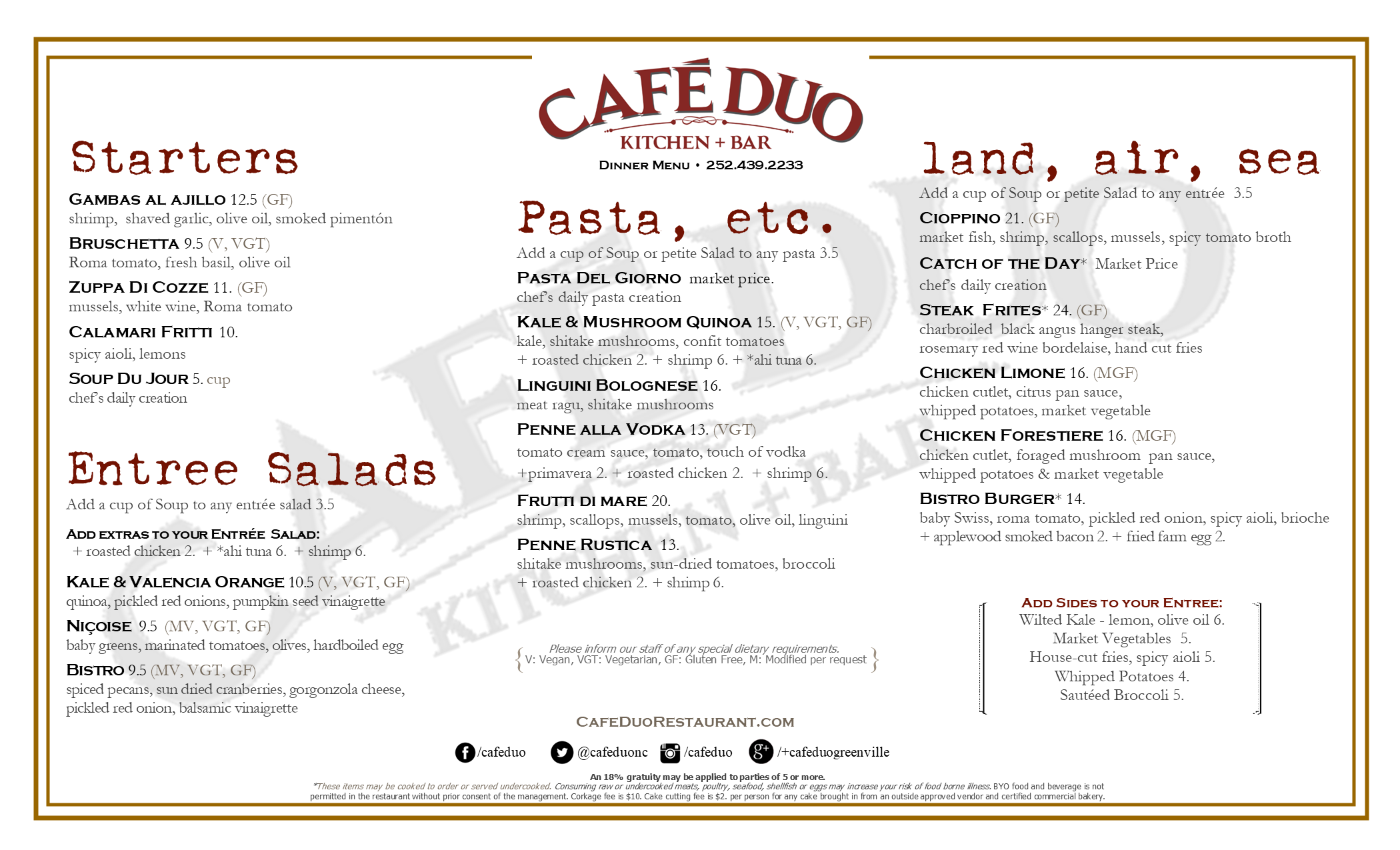 MENU Cafe DUO 505 Red Banks Rd. Greenville, NC. 252.439.2233